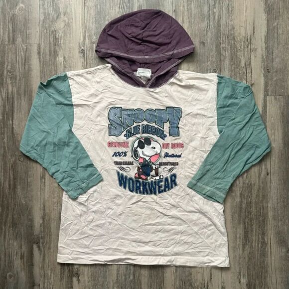 Vintage 70s Snoopy Blue Ribbon Workwear Hooded Long Sleeve Shirt Size Large - Picture 1 of 9